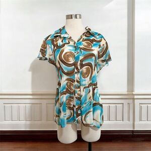 Sere Nade White Teal Brown Crinkle Ruffle Blouse Top Swirl XL Y2K